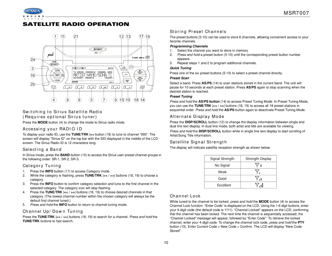 Jensen MSR7007 operation manual Satellite Radio Operation 