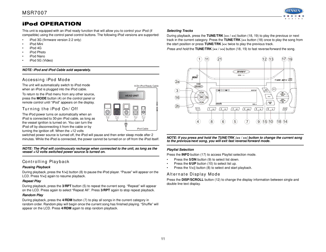 Jensen MSR7007 Accessing iPod Mode, Turning the iPod On/Off, Controlling Playback, Playlist Selection, Pausing Playback 