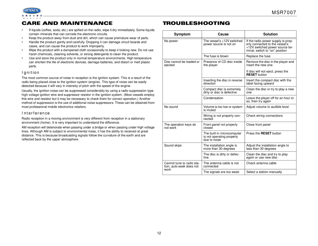 Jensen MSR7007 operation manual Care and Maintenance Troubleshooting, Ignition, Interference, Reset button 