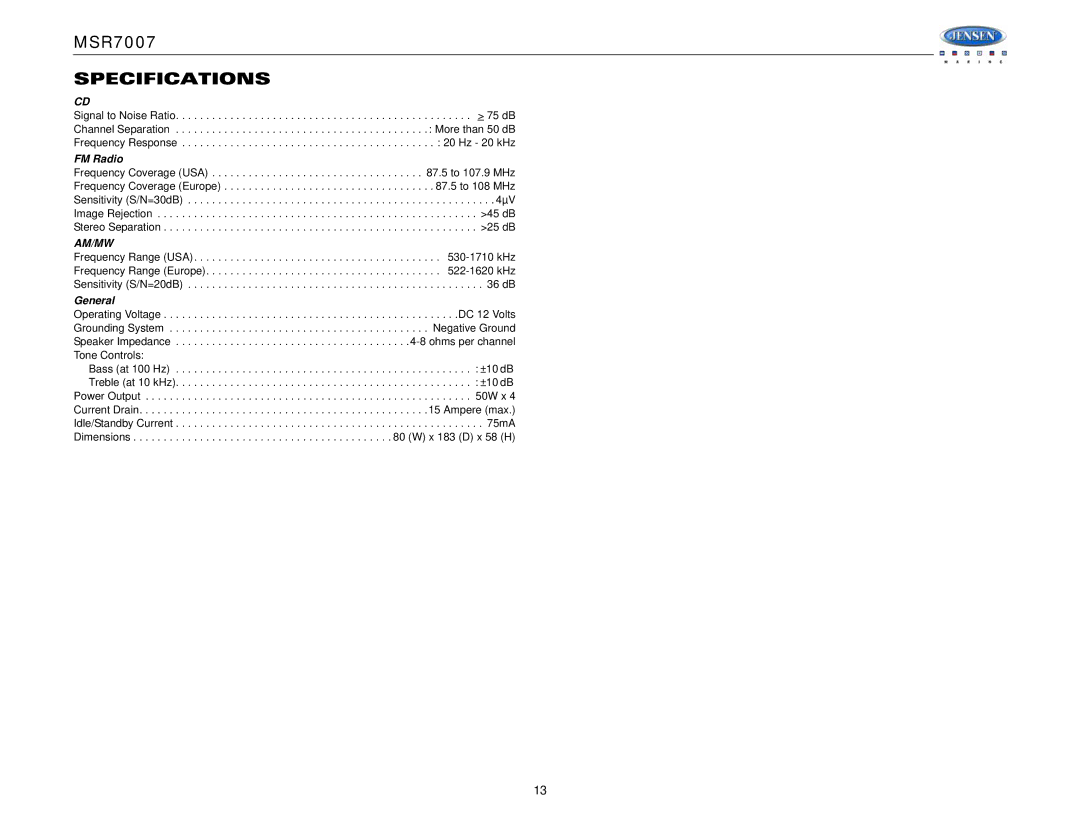 Jensen MSR7007 operation manual Specifications, FM Radio, General 