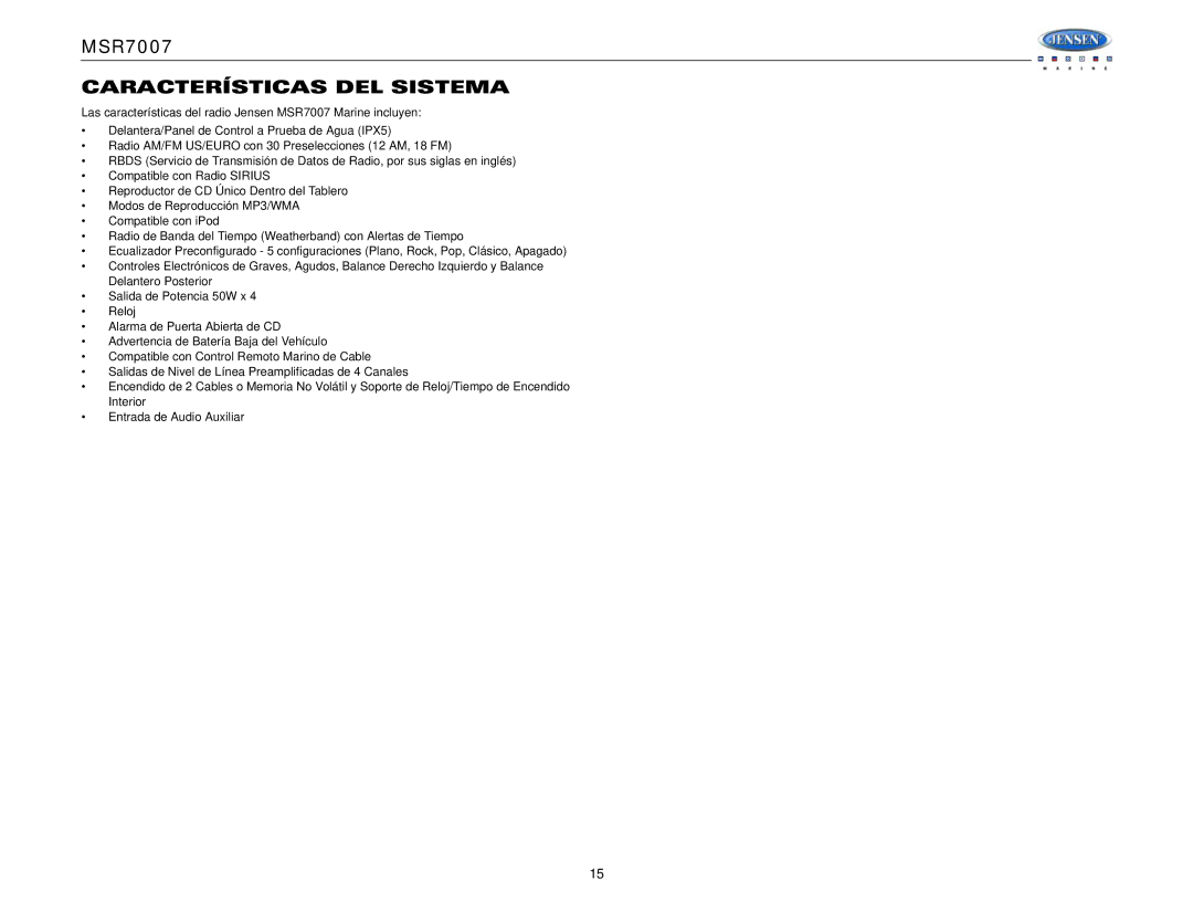 Jensen MSR7007 operation manual Características DEL Sistema 