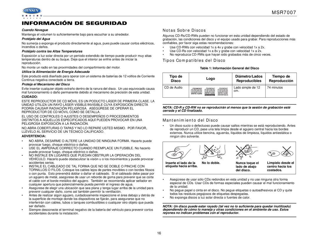 Jensen MSR7007 Información DE Seguridad, Notas Sobre Discos, Tipos Compatibles del Disco, Mantenimiento del Disco 