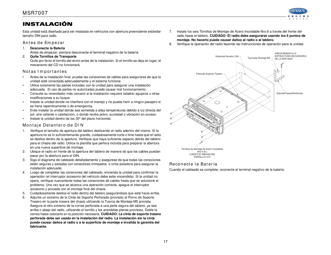 Jensen MSR7007 Instalación, Antes de Empezar, Notas Importantes, Montaje Delantero de DIN, Reconecte la Batería 