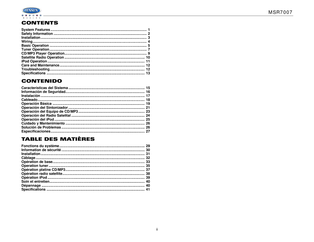 Jensen MSR7007 operation manual Contents, Contenido, Table DES Matières 