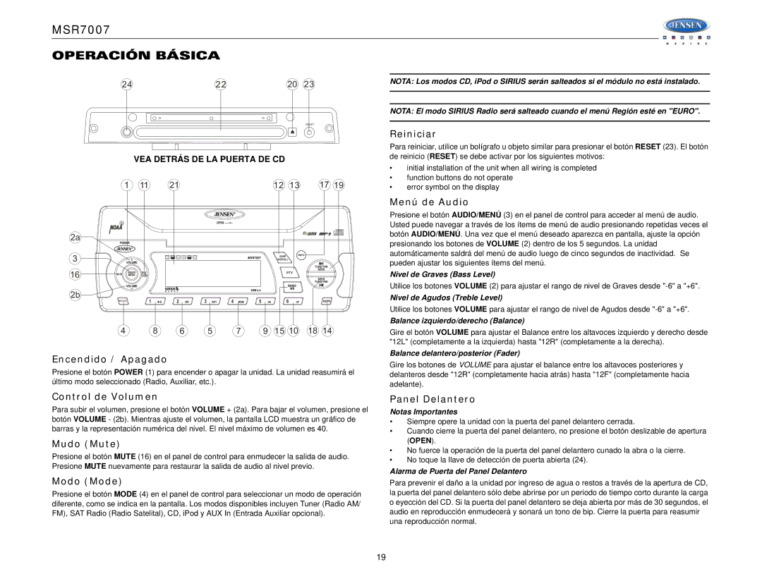 Jensen MSR7007 operation manual Operación Básica 