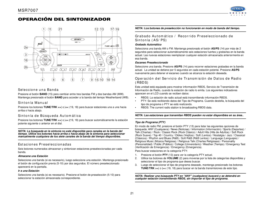 Jensen MSR7007 Operación DEL Sintonizador, Seleccione una Banda, Sintonía Manual, Sintonía de Búsqueda Automática 