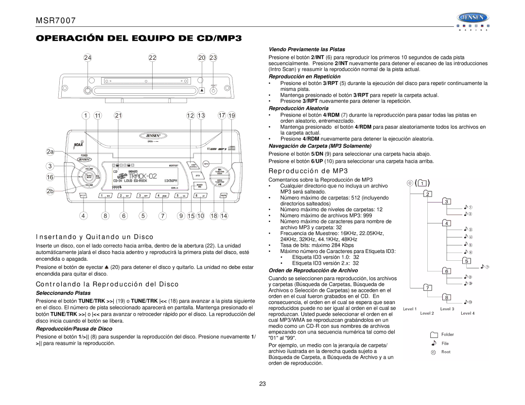 Jensen MSR7007 Operación DEL Equipo DE CD/MP3, Insertando y Quitando un Disco, Controlando la Reproducción del Disco 