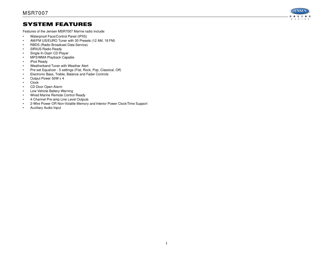 Jensen MSR7007 operation manual System Features 