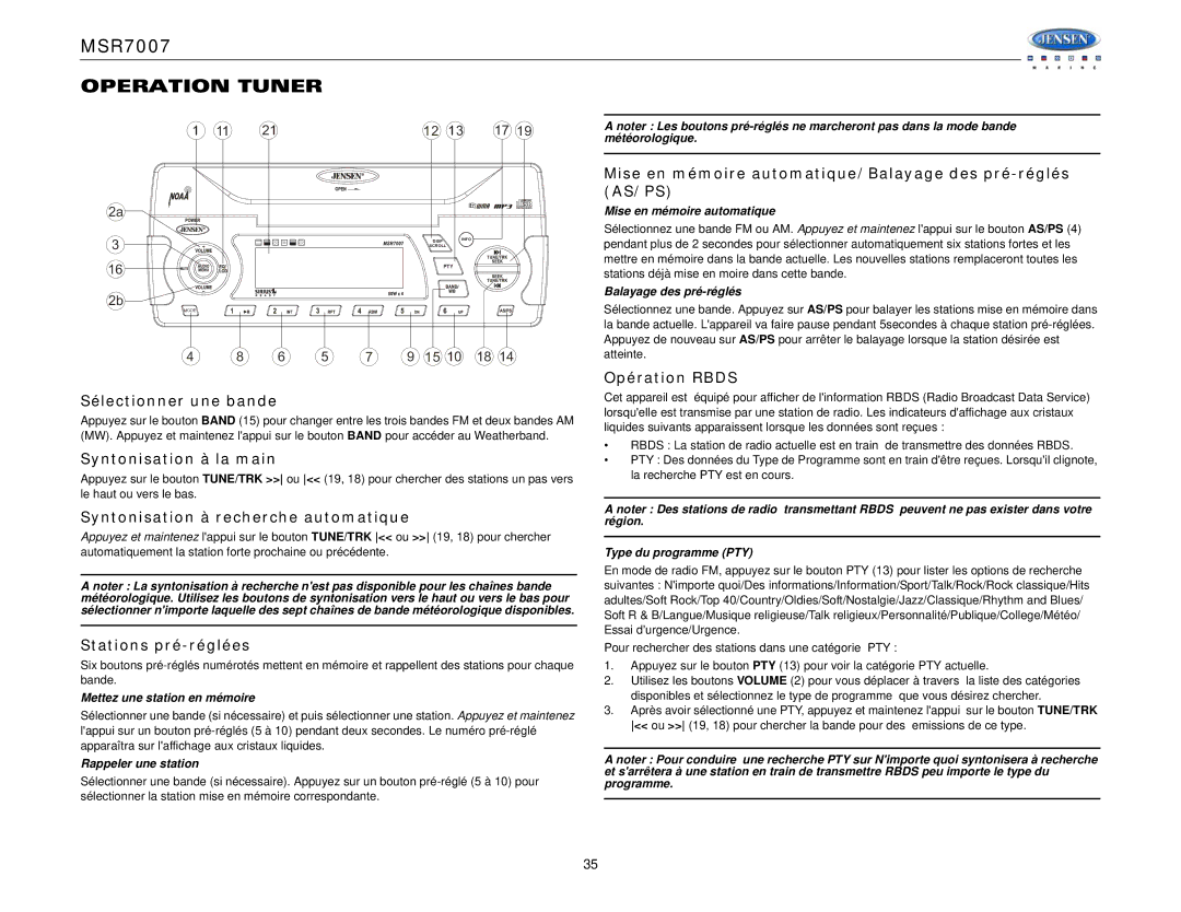 Jensen MSR7007 operation manual Operation Tuner 