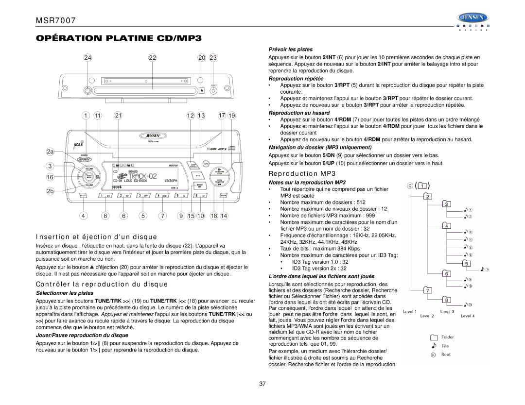 Jensen MSR7007 Opération Platine CD/MP3, Insertion et éjection dun disque, Contrôler la reproduction du disque 