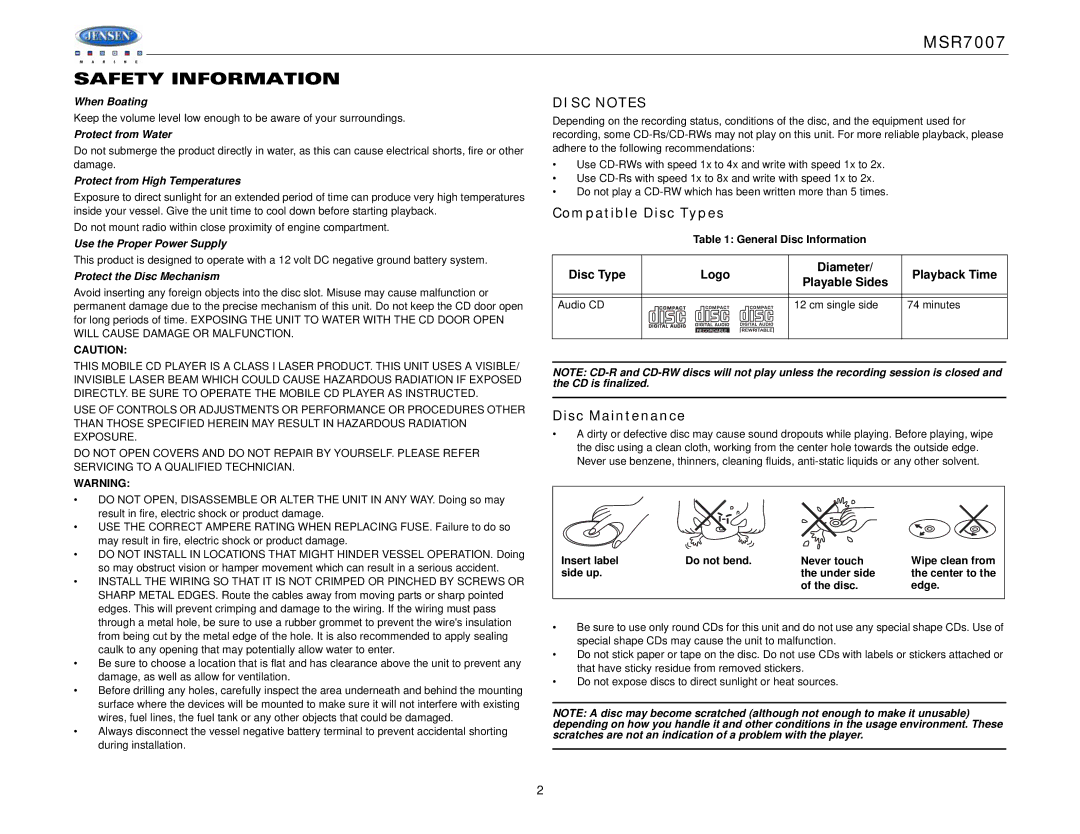 Jensen MSR7007 operation manual Safety Information, Compatible Disc Types, Disc Maintenance 