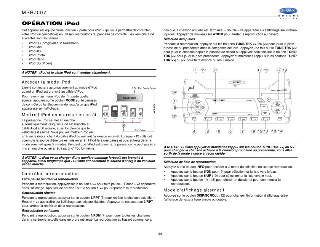 Jensen MSR7007 operation manual Accéder la mode iPod, Mettre liPod en marche/en arrêt, Contrôler la reproduction 