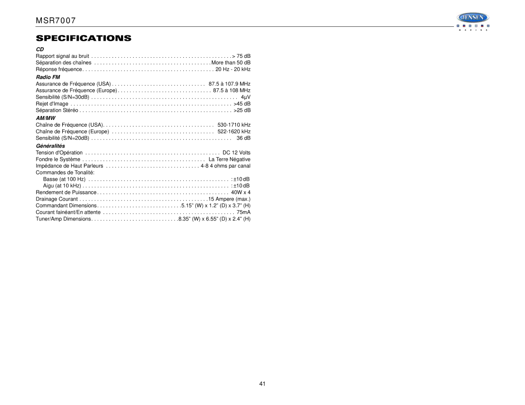 Jensen MSR7007 operation manual Specifications, Généralités 