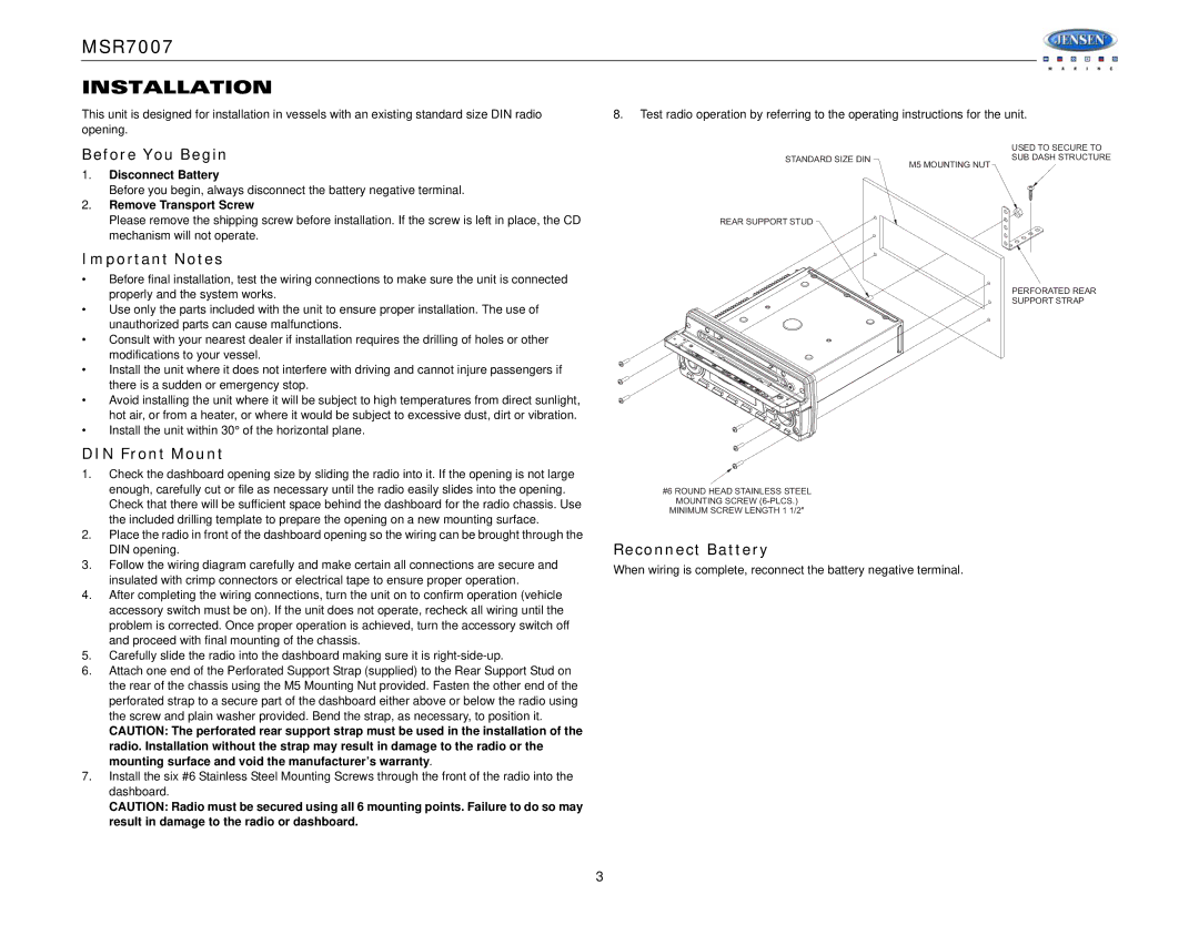 Jensen MSR7007 operation manual Installation, Before You Begin, Important Notes, DIN Front Mount, Reconnect Battery 