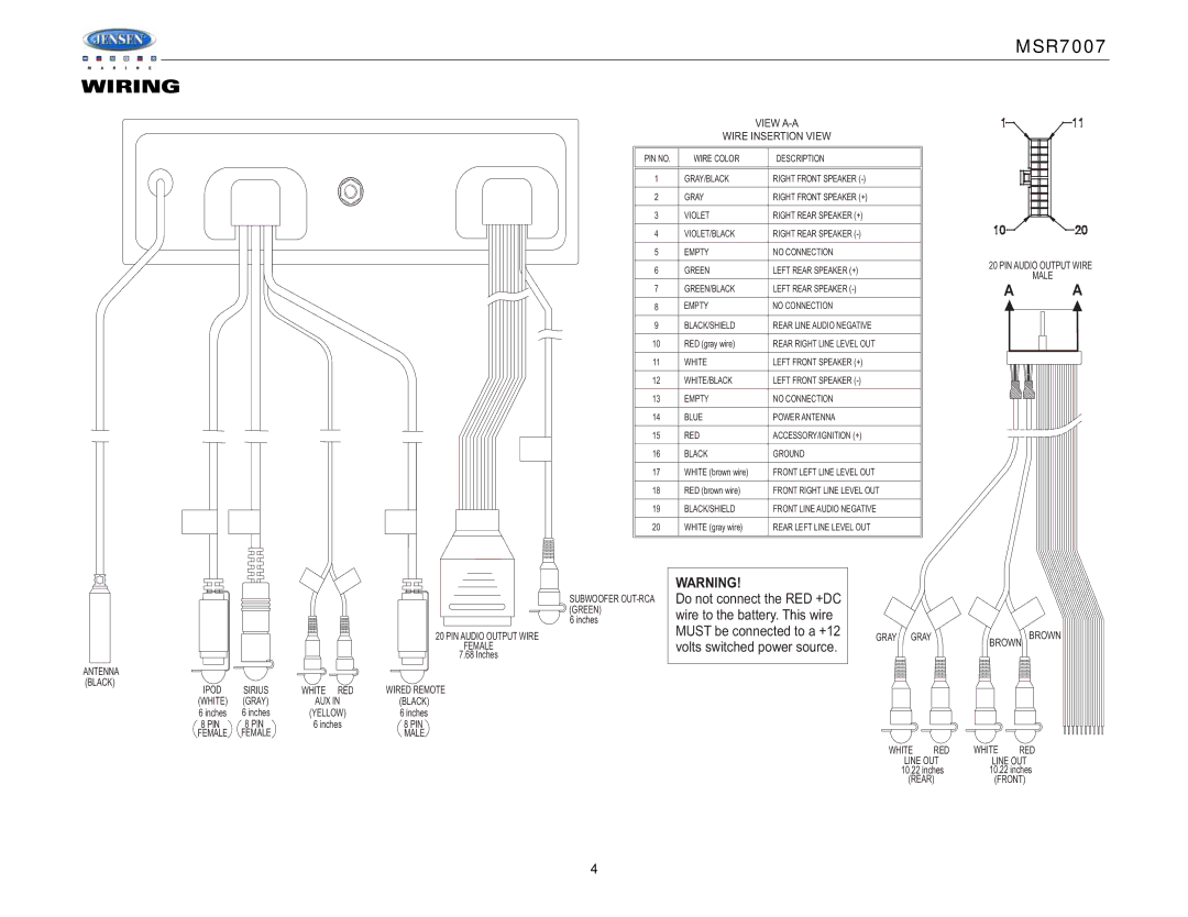 Jensen MSR7007 operation manual Wiring, View A-A Wire Insertion View 