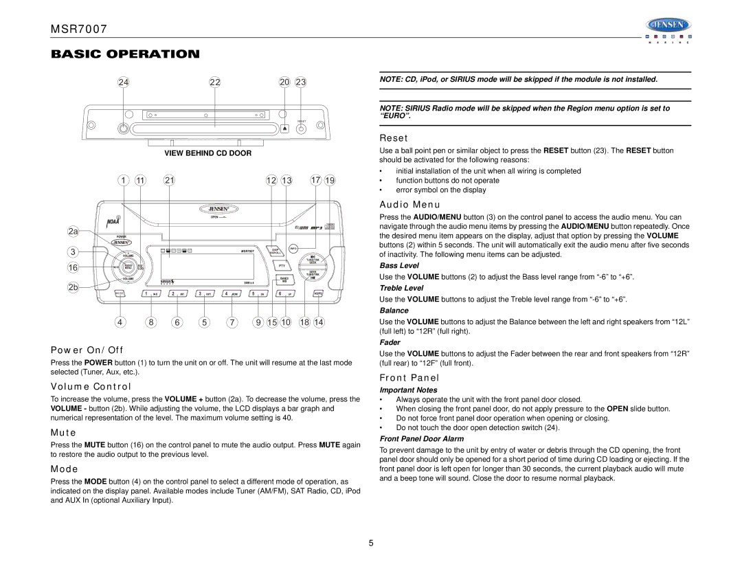 Jensen MSR7007 operation manual Basic Operation 