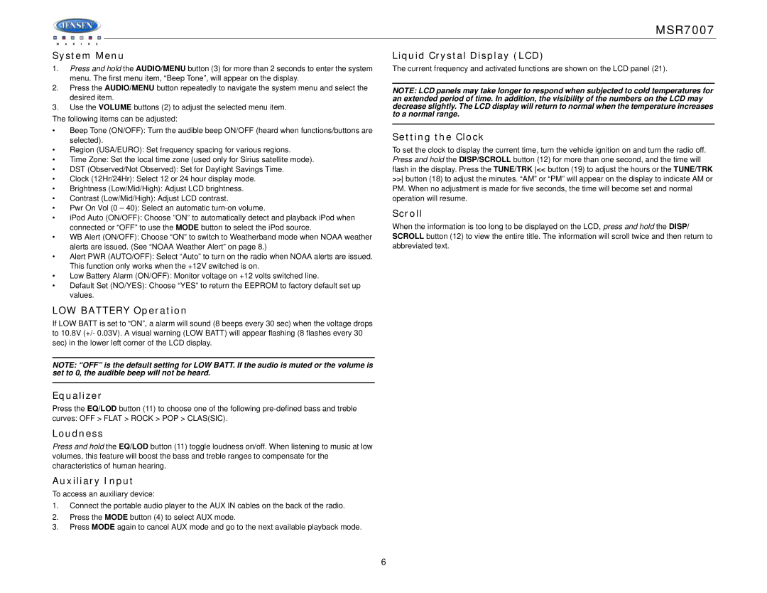 Jensen MSR7007 System Menu, Liquid Crystal Display LCD, Setting the Clock, Scroll, LOW Battery Operation, Equalizer 