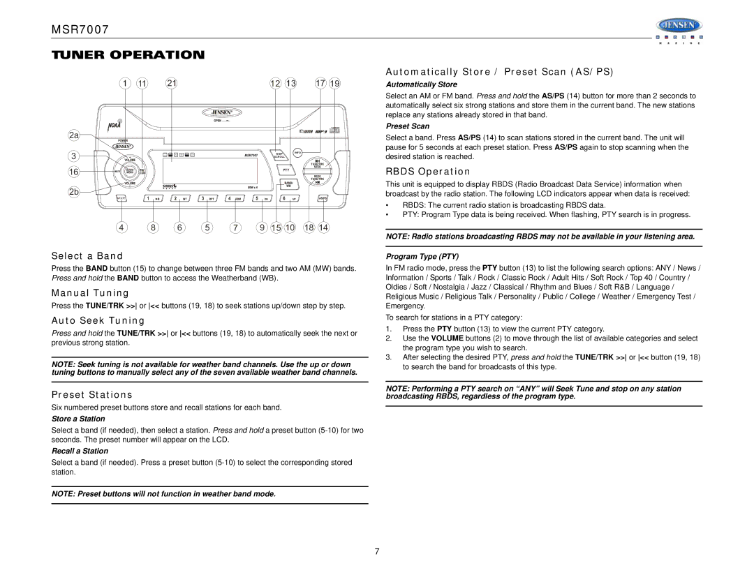 Jensen MSR7007 operation manual Tuner Operation 