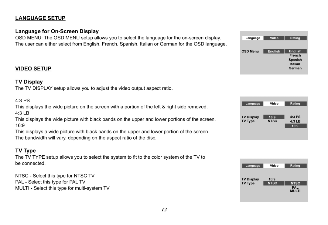 Jensen MVB85A operation manual Language for On-Screen Display, TV Display, TV Type 