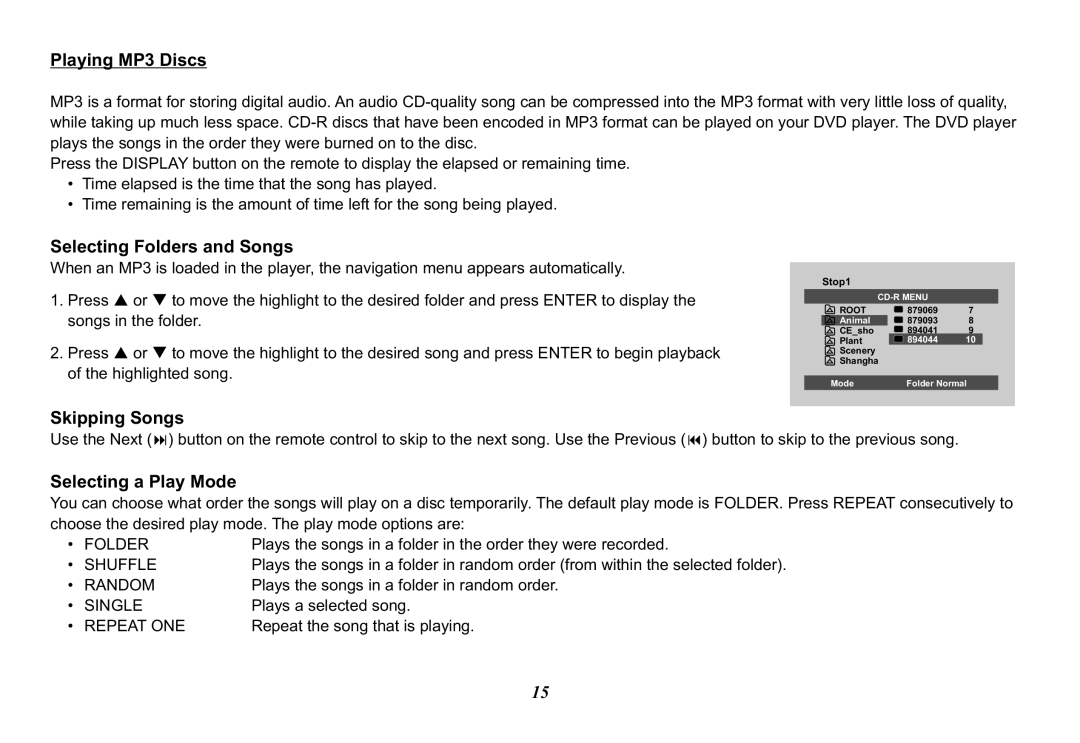 Jensen MVB85A operation manual Playing MP3 Discs, Selecting Folders and Songs, Skipping Songs, Selecting a Play Mode 