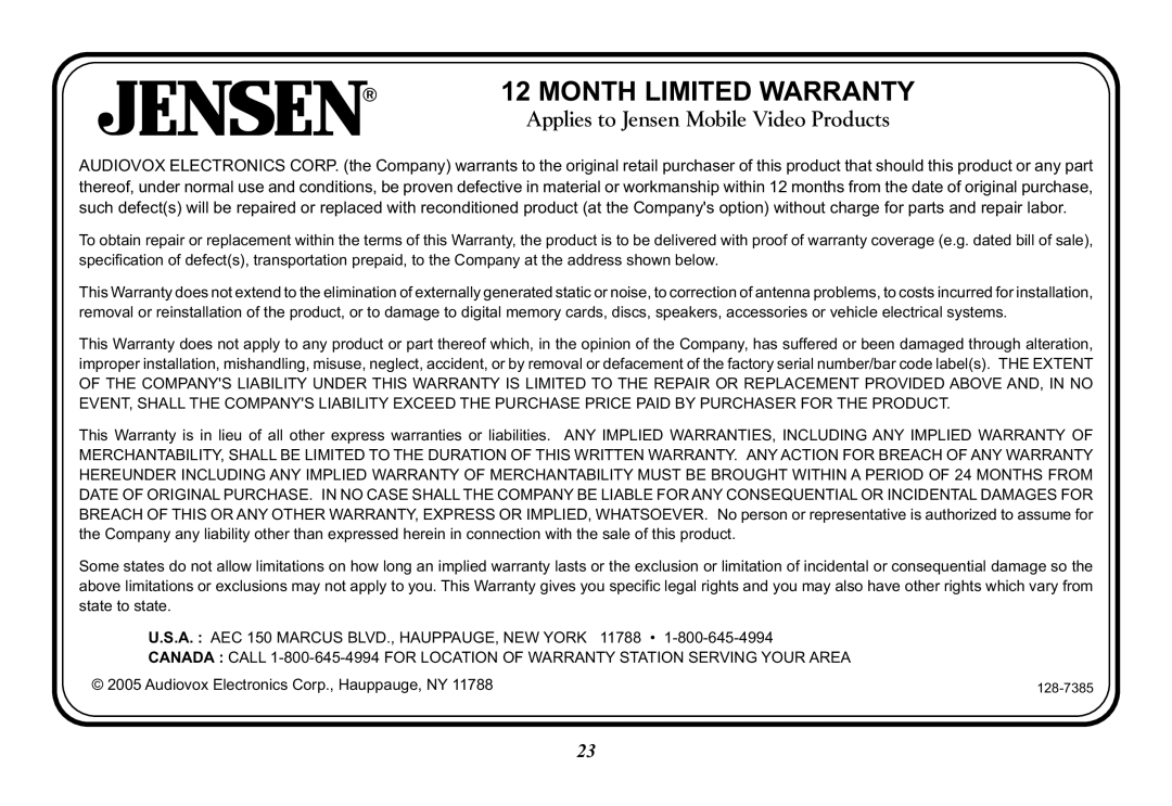 Jensen MVB85A operation manual Month Limited Warranty, Applies to Jensen Mobile Video Products 