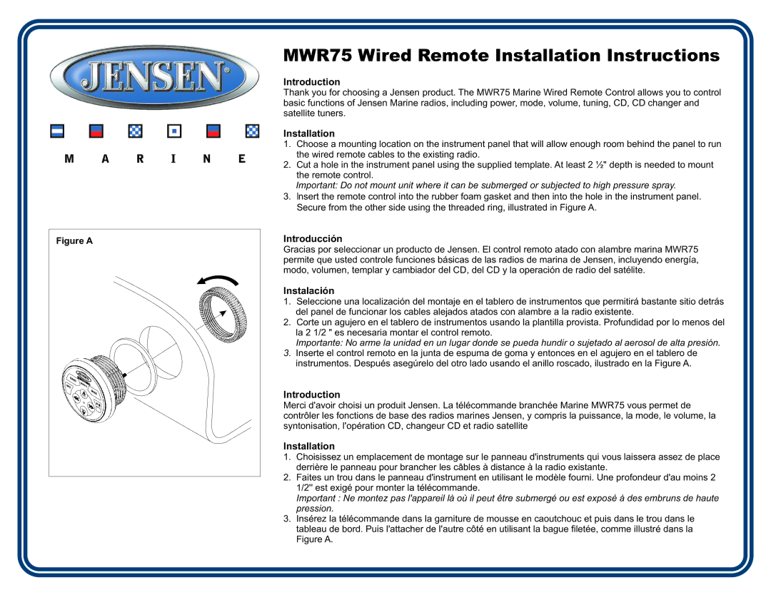 Jensen MWR75 installation instructions Introduction, Installation, Introducción, Instalación 