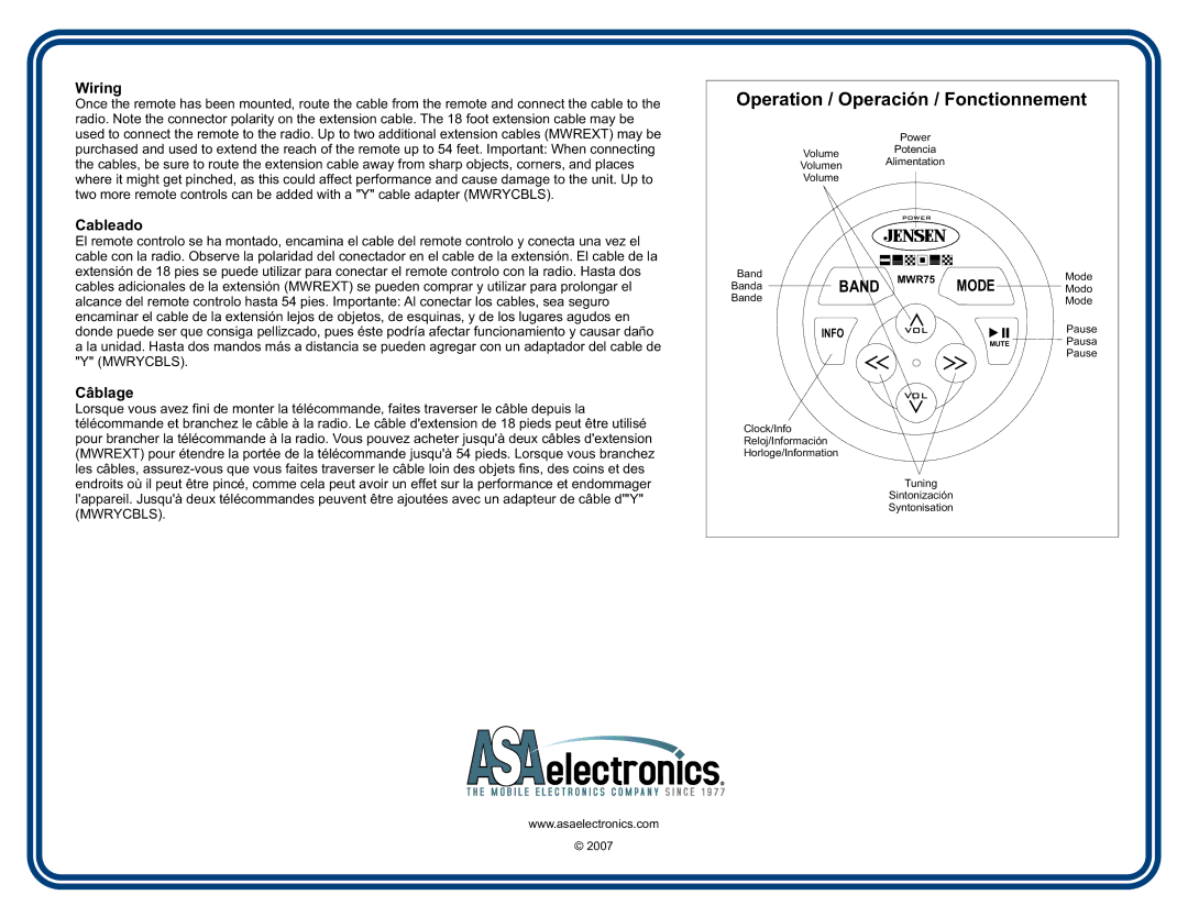 Jensen MWR75 installation instructions Wiring, Cableado, Câblage 