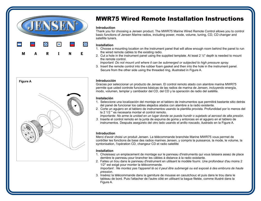 Jensen MWR75 installation instructions Figure A, Introduction, Installation, Introducción, Instalación 