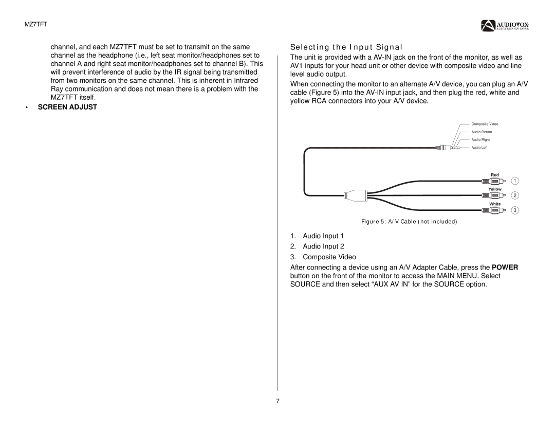 Jensen MZ7TFT operation manual Selecting the Input Signal, V Cable not included 