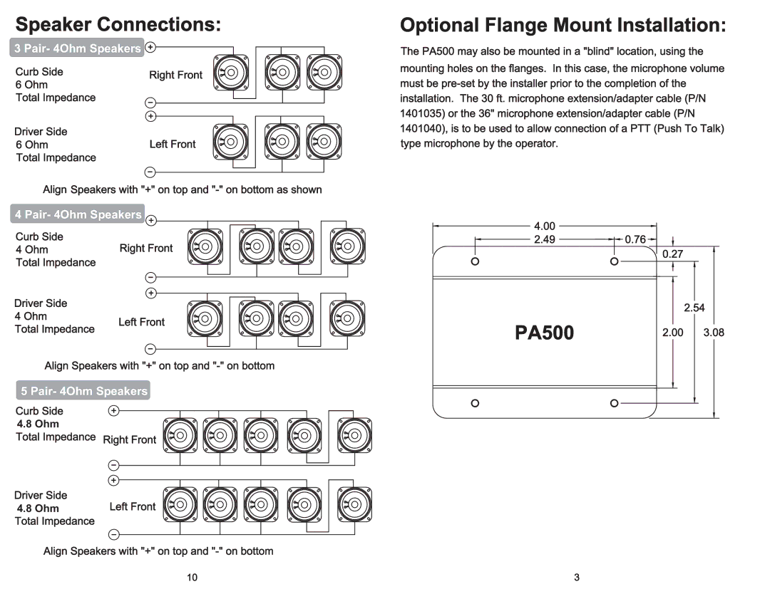 Jensen PA500 manual Pair- 4Ohm Speakers 