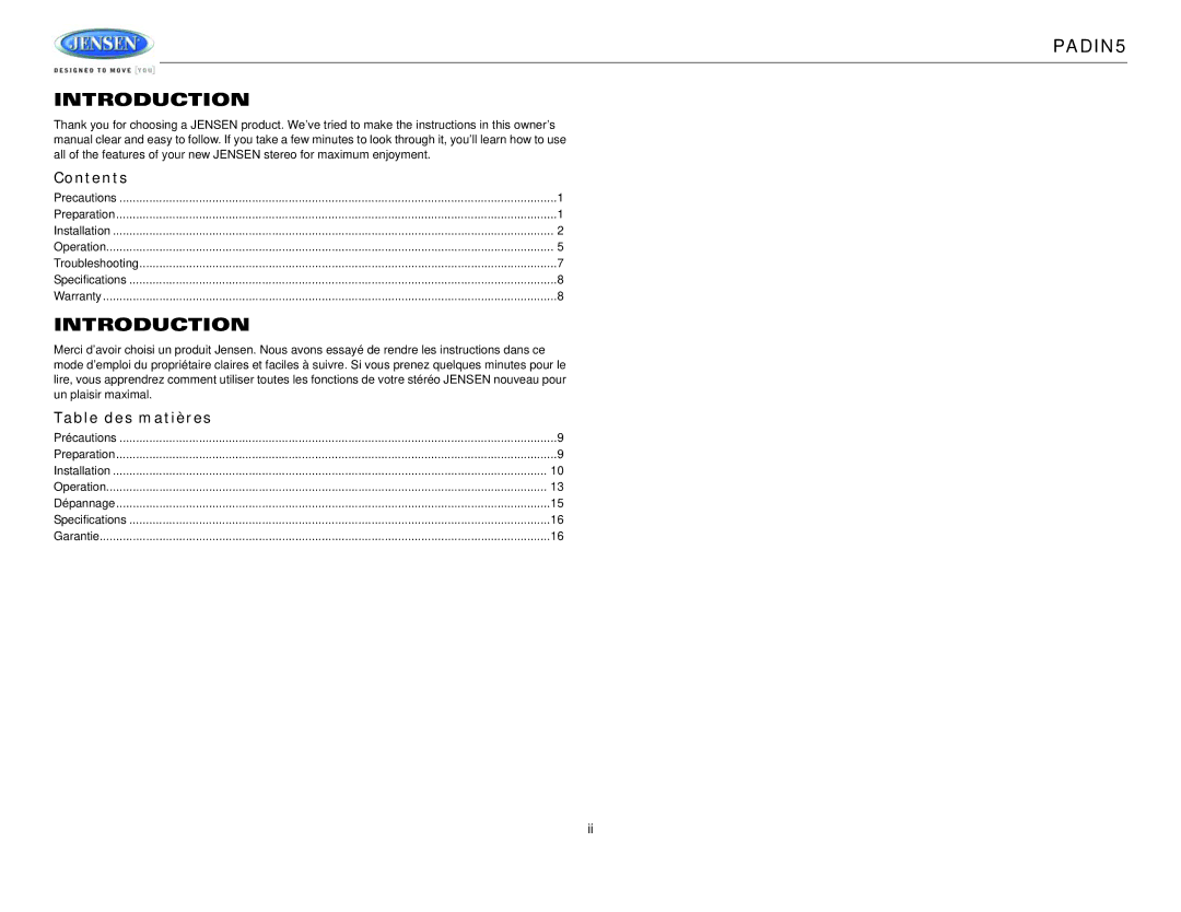 Jensen operation manual PADIN5 Introduction, Contents, Table des matières 