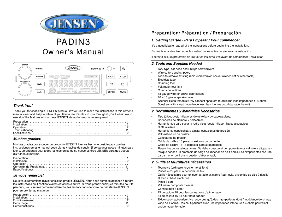 Jensen Portable CD Player owner manual Preparation/ Préparation / Preparación 