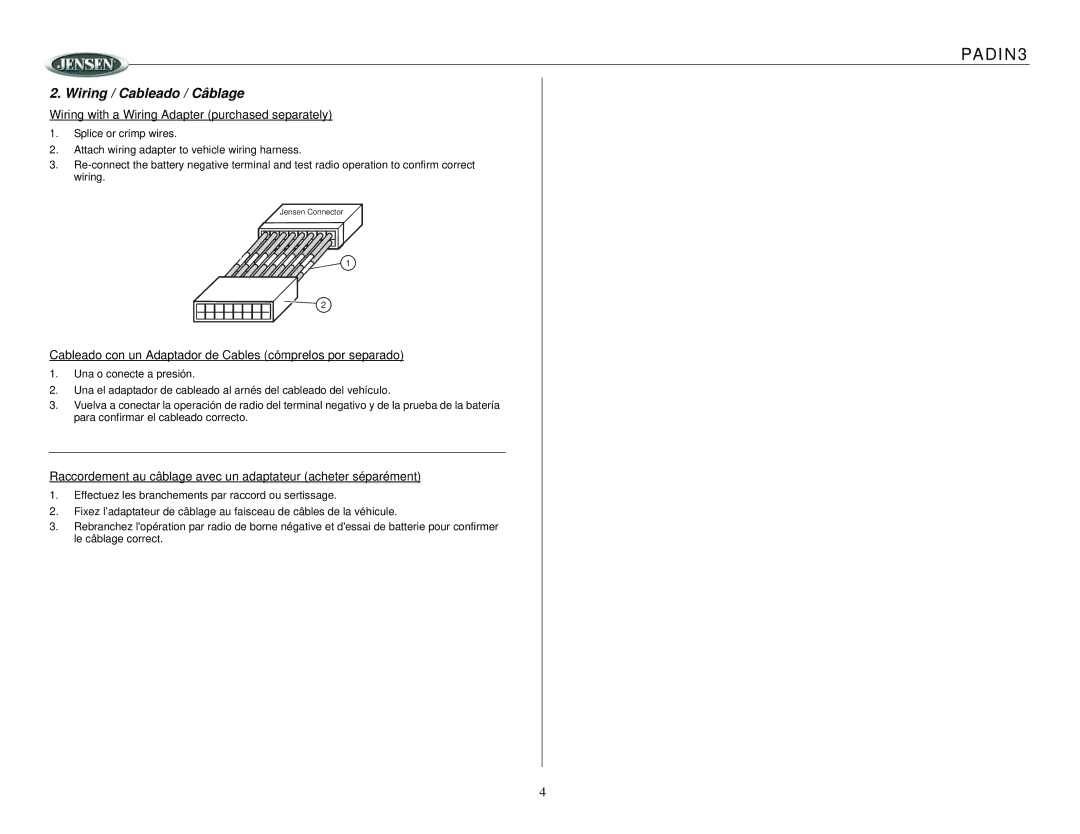 Jensen Portable CD Player owner manual Wiring / Cableado / Câblage, Wiring with a Wiring Adapter purchased separately 