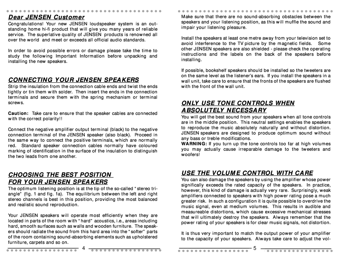 Jensen POWERSTATION manual Dear JENSEN Customer, Connecting Your Jensen Speakers, Choosing The Best Position 