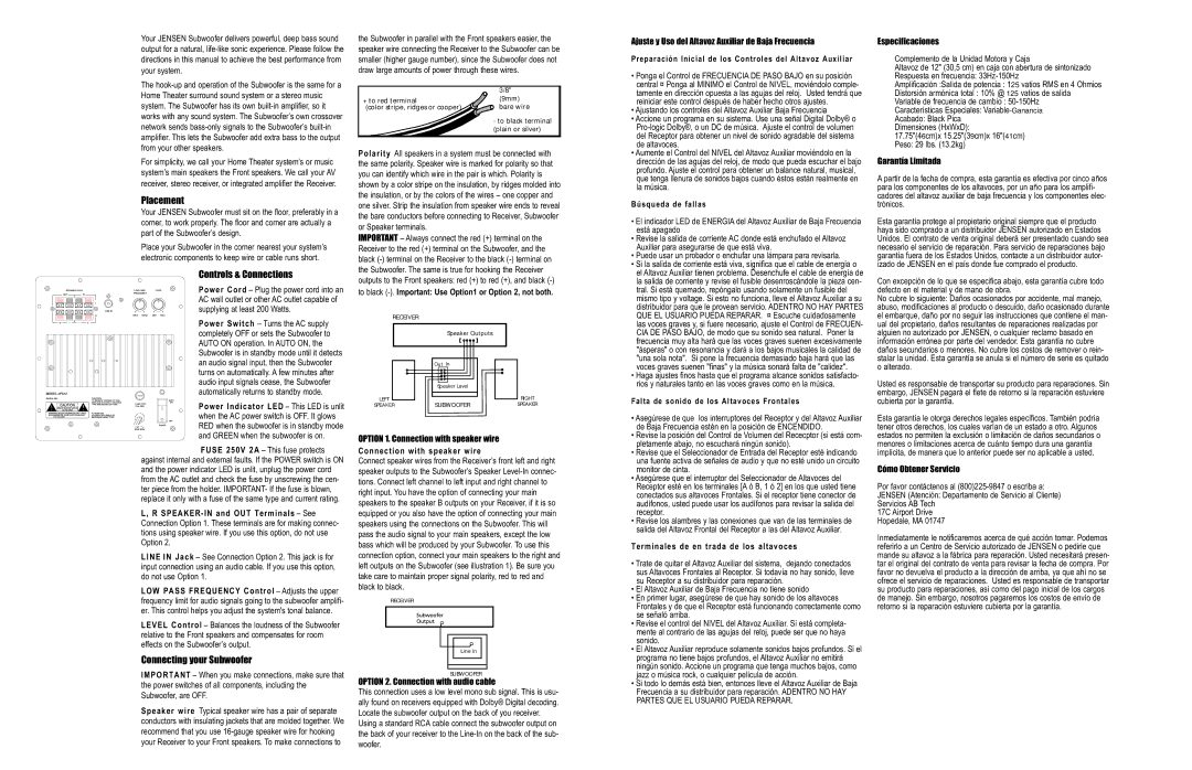 Jensen PS12 user service Placement, Controls & Connections, Connecting your Subwoofer 