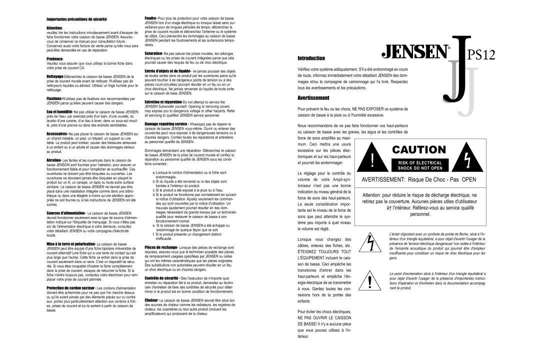 Jensen PS12 user service Avertissement, † lintérieur. Référez-vous au service qualifé, Personnel 