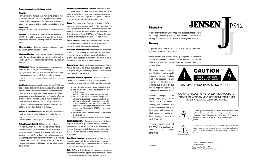 Jensen PS12 user service Warning Shock Hazard - Do Not Open, Introduction, Refer To Qualified Service Personnel 