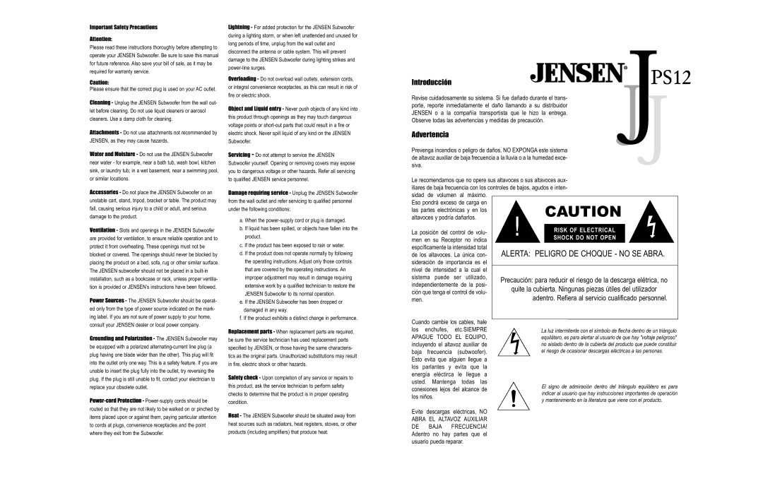 Jensen PS12 user service Alerta Peligro De Choque - No Se Abra, Introducción, Advertencia 