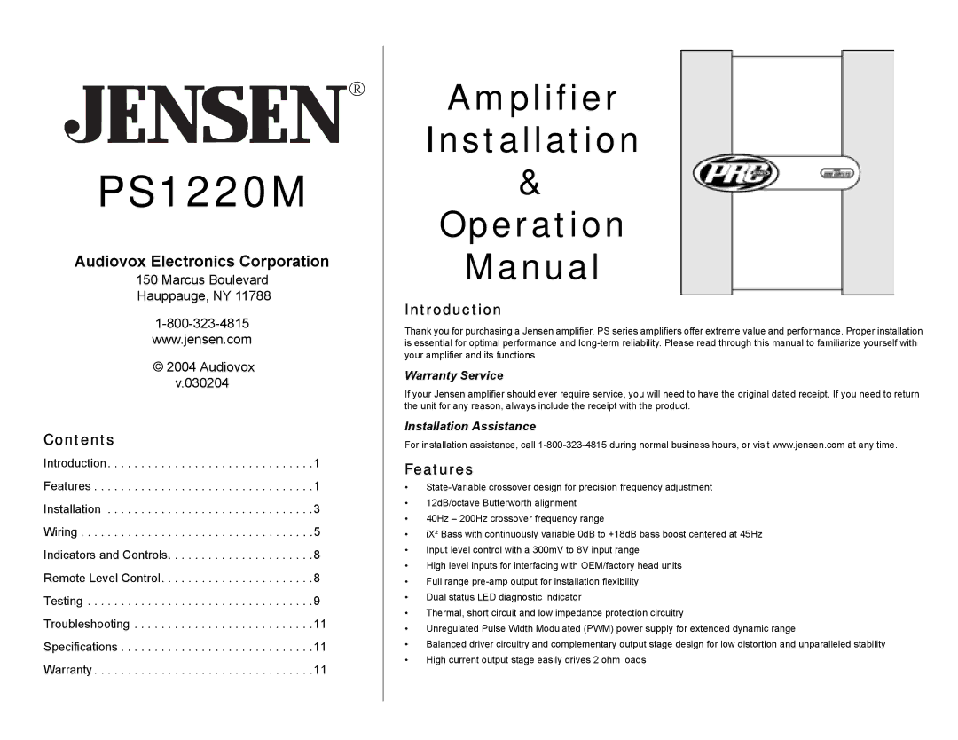 Jensen PS1220M specifications Contents, Introduction, Features 