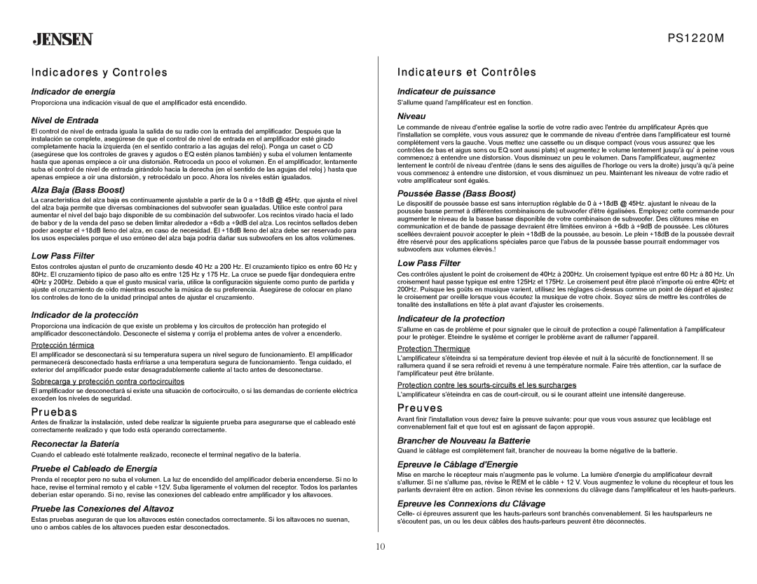 Jensen PS1220M specifications Indicadores y Controles 