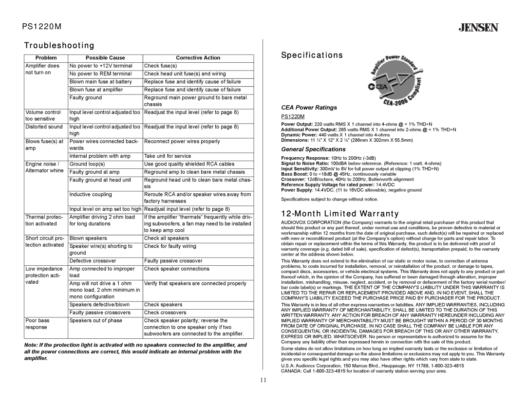 Jensen PS1220M Troubleshooting, Specifications, Month Limited Warranty, Problem Possible Cause Corrective Action 