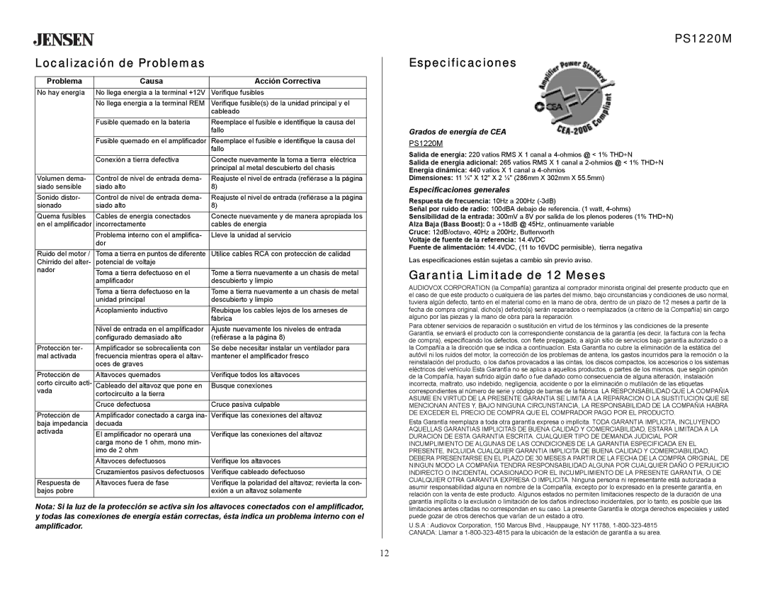 Jensen specifications Localización de Problemas, PS1220M Especificaciones, Garantia Limitade de 12 Meses 