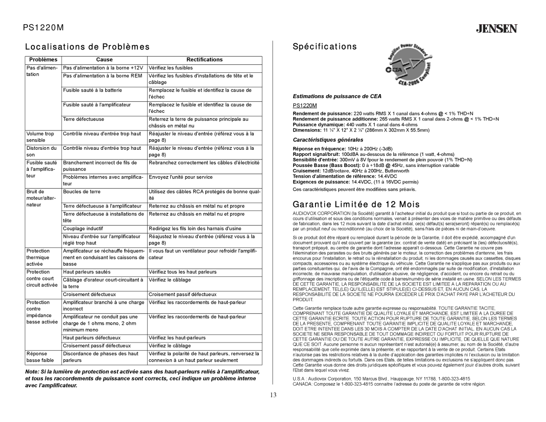 Jensen PS1220M Localisations de Problèmes, Spécifications, Garantie Limitée de 12 Mois, Problèmes Cause Rectifications 