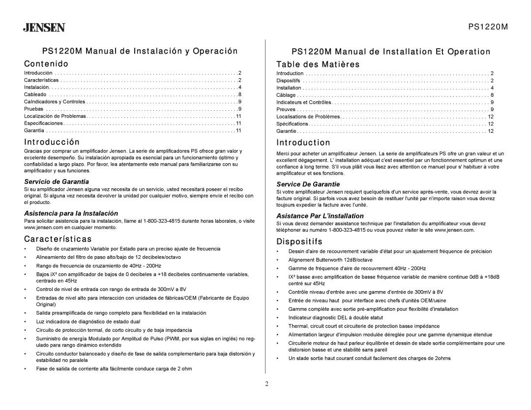 Jensen specifications PS1220M Manual de Instalación y Operación Contenido, Introducción, Características, Dispositifs 