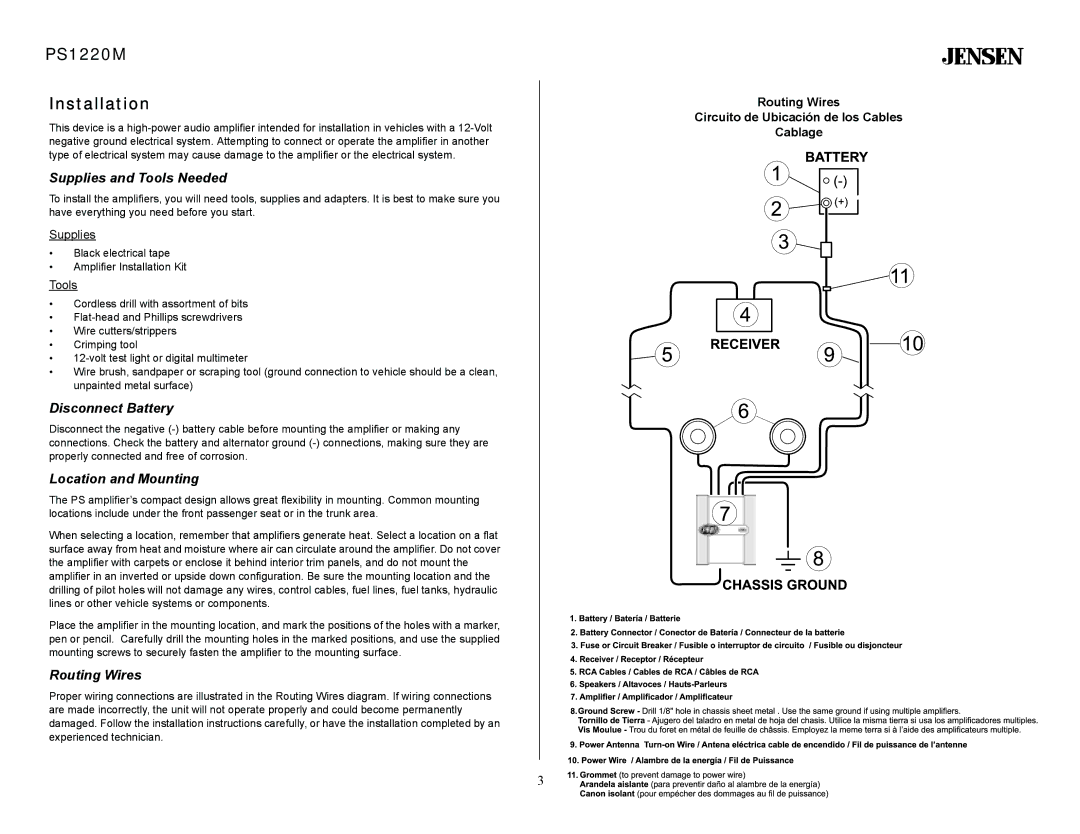 Jensen PS1220M Installation, Supplies and Tools Needed, Disconnect Battery, Location and Mounting, Routing Wires 