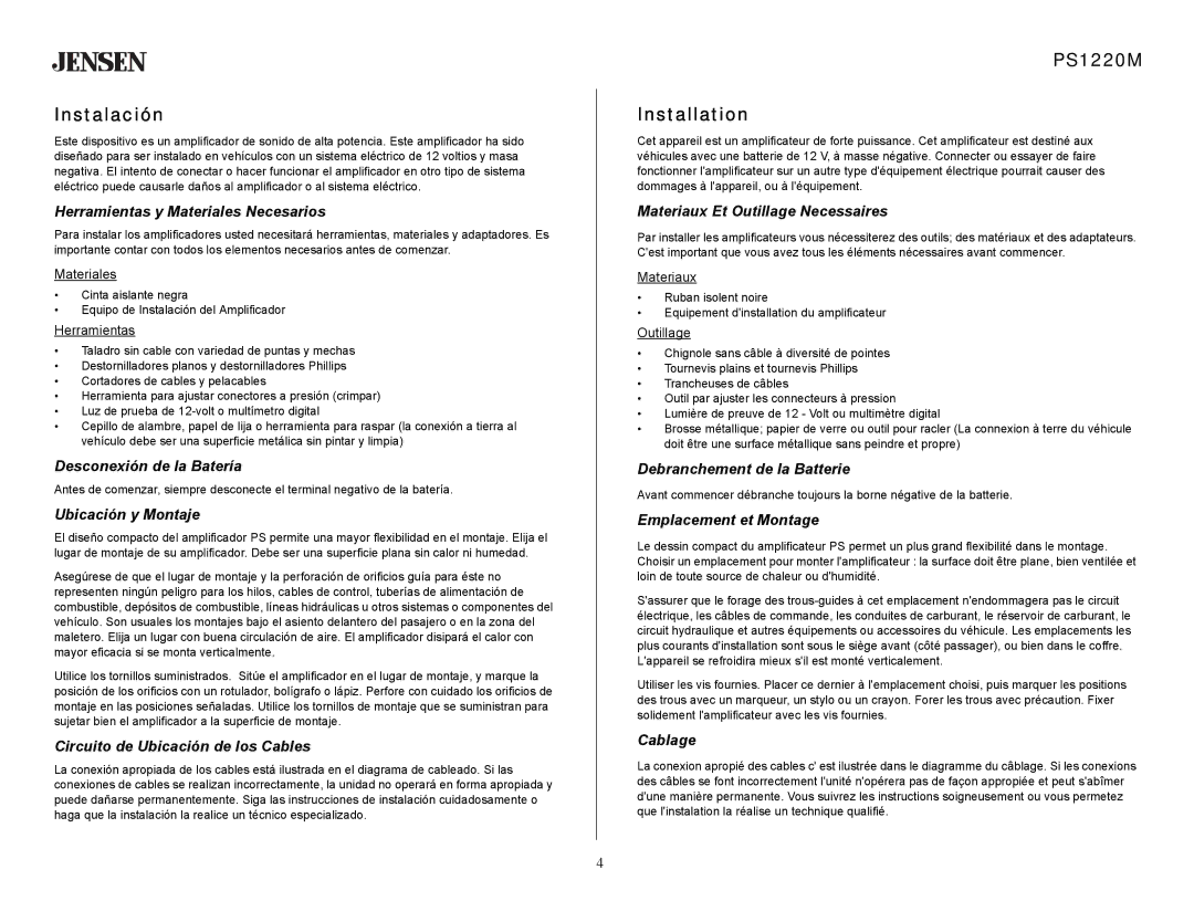 Jensen PS1220M specifications Instalación 