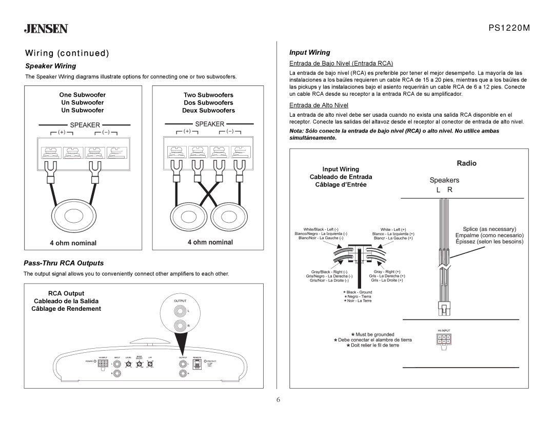 Jensen PS1220M specifications Speaker Wiring, Input Wiring, Pass-Thru RCA Outputs 