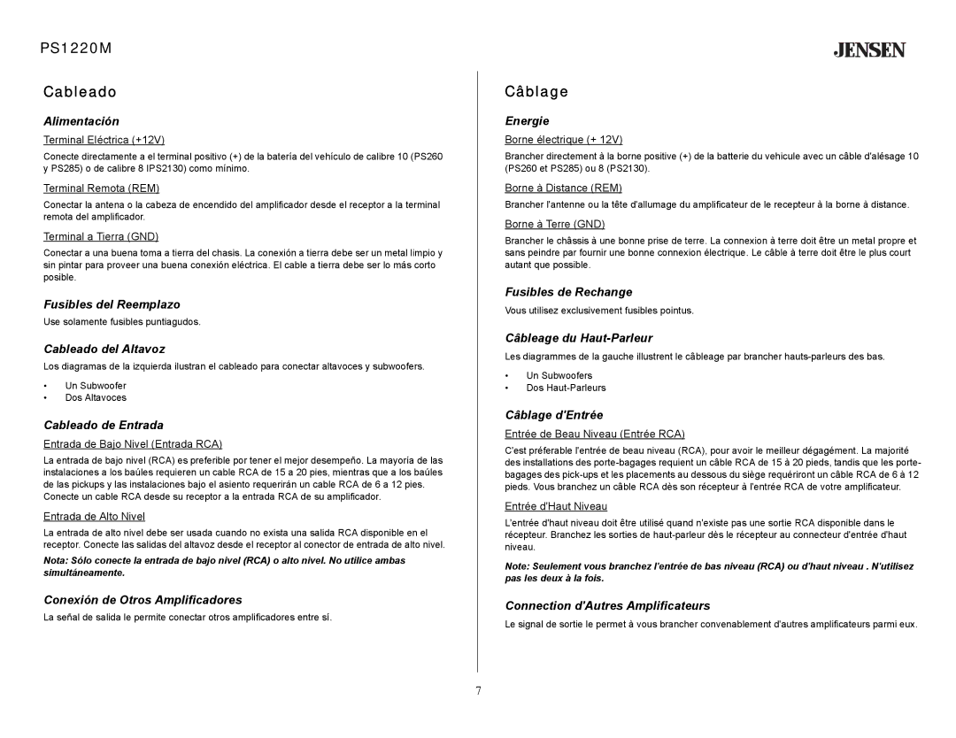 Jensen specifications PS1220M Cableado, Câblage 