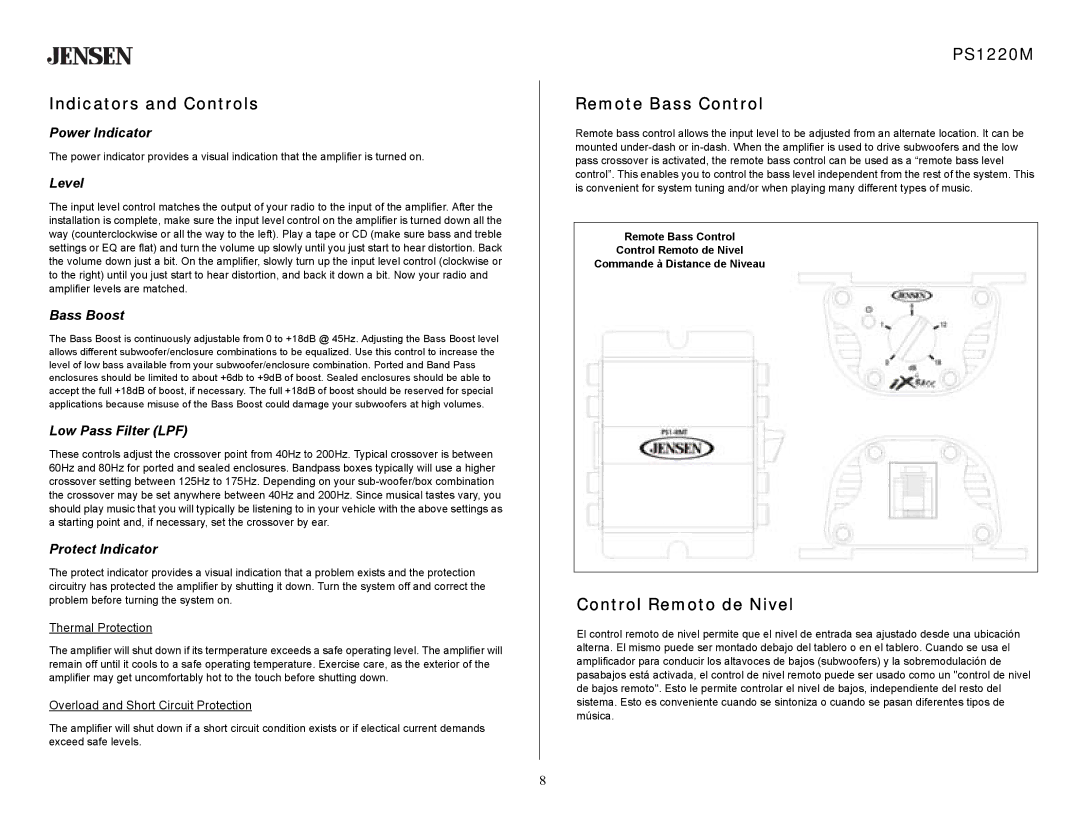 Jensen specifications Indicators and Controls, PS1220M Remote Bass Control, Control Remoto de Nivel 