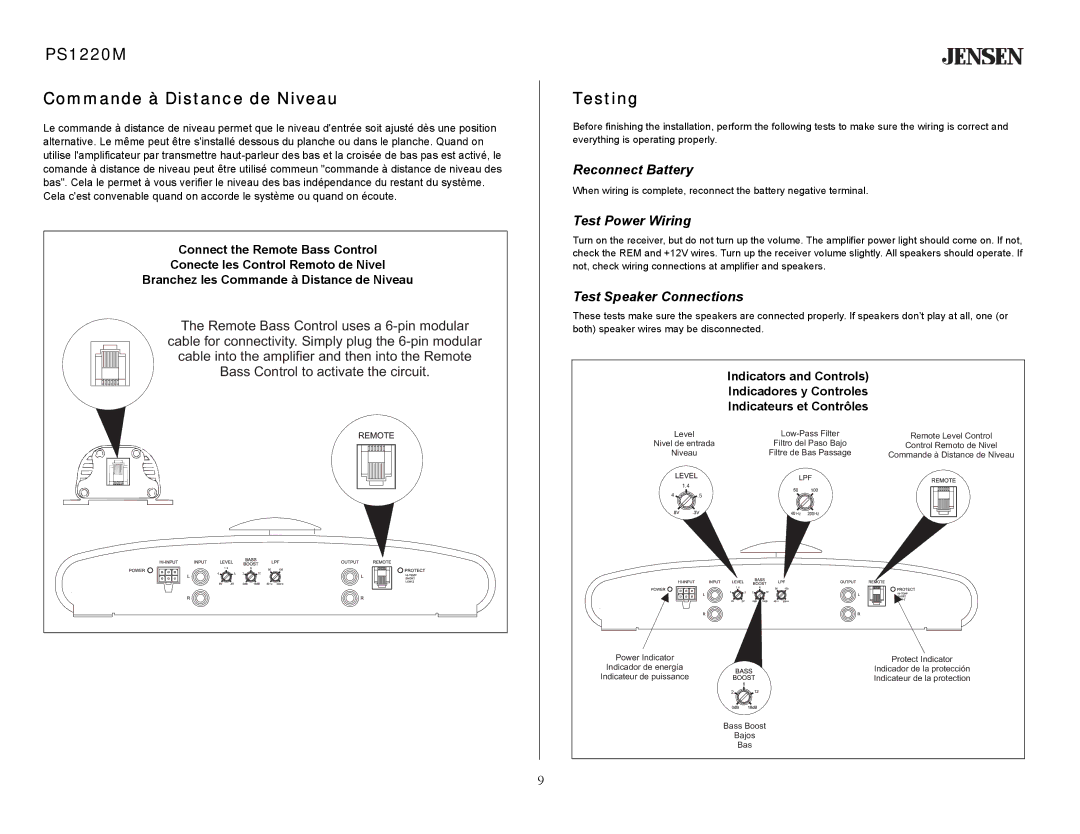 Jensen PS1220M Commande à Distance de Niveau, Testing, Reconnect Battery, Test Power Wiring, Test Speaker Connections 